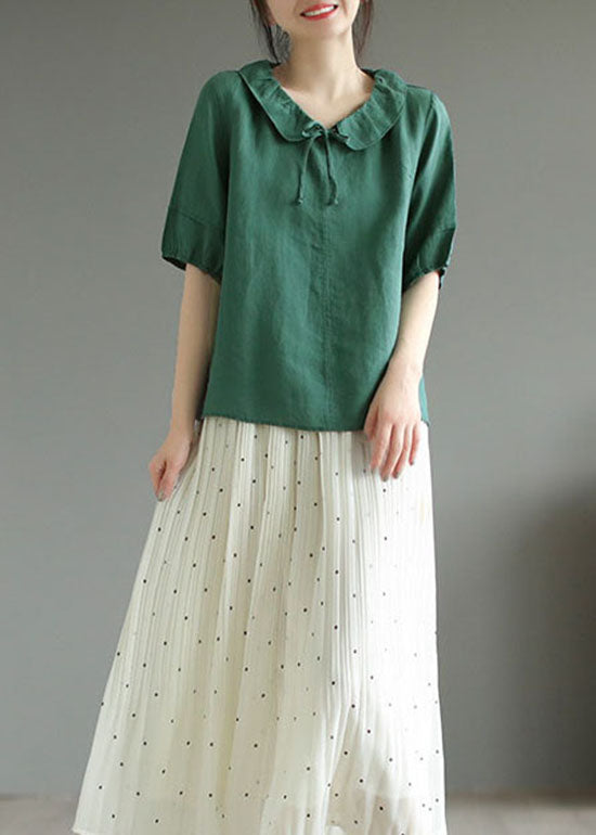 Green Patchwork Cotton T Shirts Top Peter Pan Collar Short Sleeve