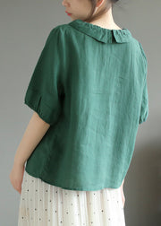 Green Patchwork Cotton T Shirts Top Peter Pan Collar Short Sleeve