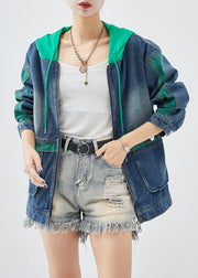 Green Patchwork Denim Coats Hooded Pockets Fall