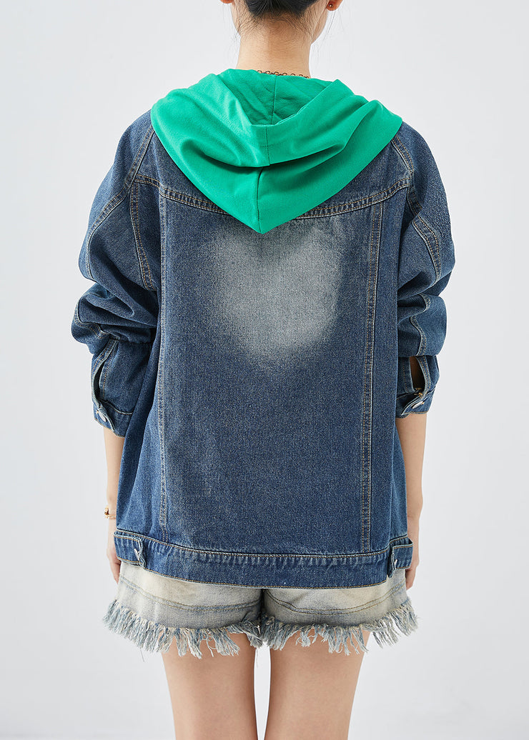 Green Patchwork Denim Coats Hooded Pockets Fall