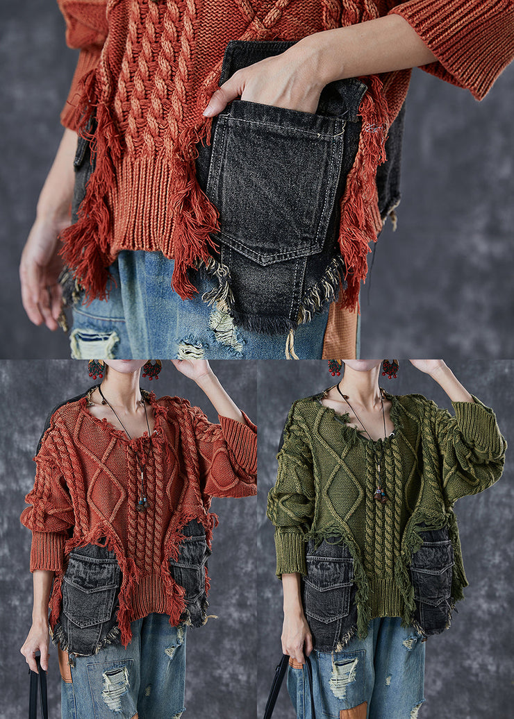 Green Patchwork Denim Knit Ripped Sweaters Asymmetrical Winter