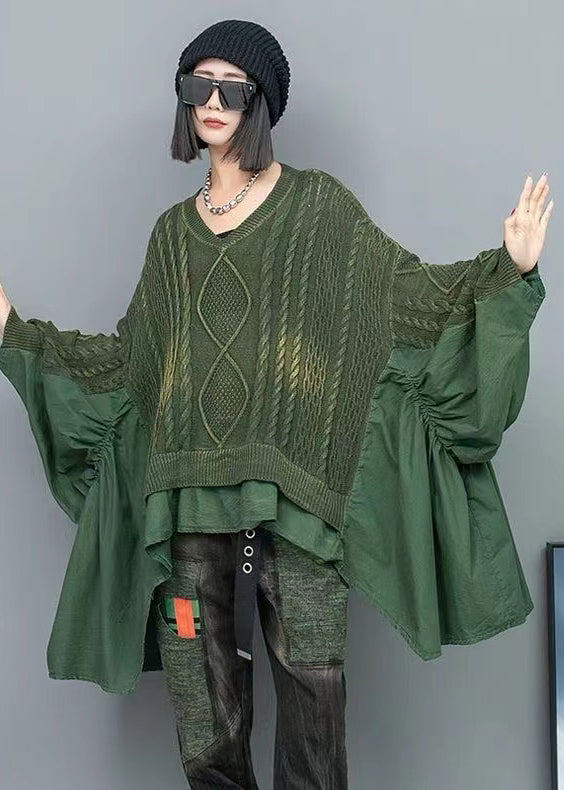 Green Patchwork Knit Pullover V Neck Ruffled Batwing Sleeve