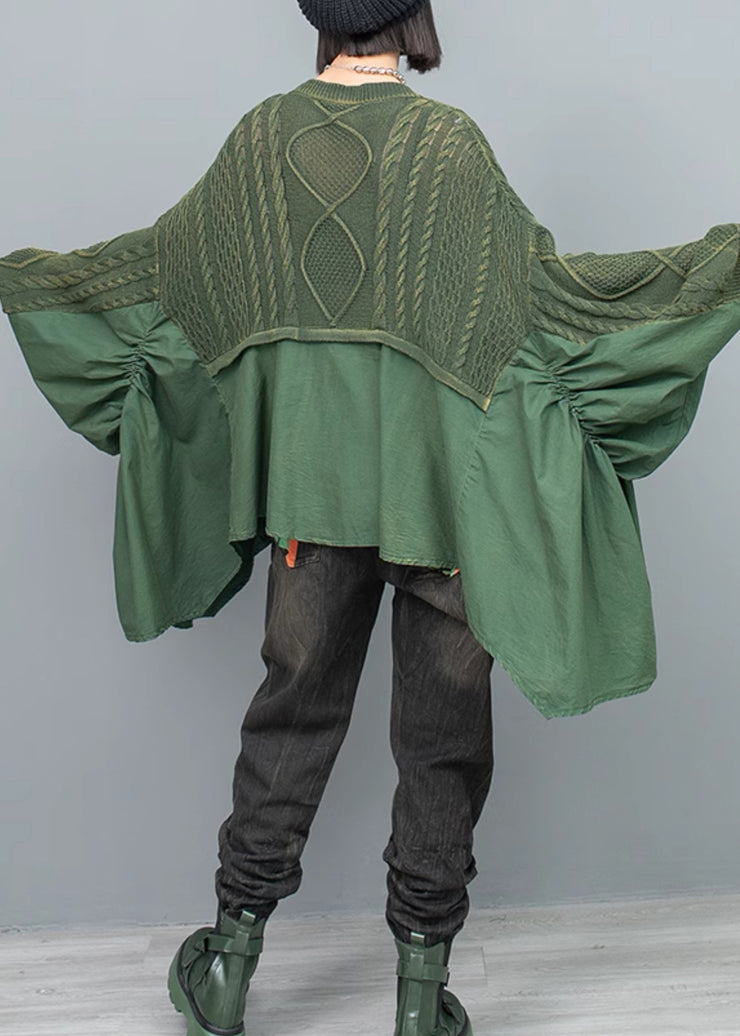 Green Patchwork Knit Pullover V Neck Ruffled Batwing Sleeve