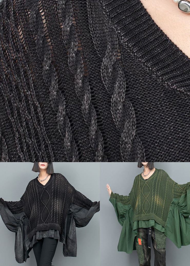 Green Patchwork Knit Pullover V Neck Ruffled Batwing Sleeve