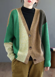 Green Patchwork Knitting Cardigan Top V Neck Long Sleeve