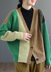 Green Patchwork Knitting Cardigan Top V Neck Long Sleeve