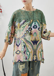 Green Patchwork Lace Blouse Tops Print Bracelet Sleeve