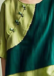 Green Patchwork Linen Blouses Chinese Button Ruffled Summer