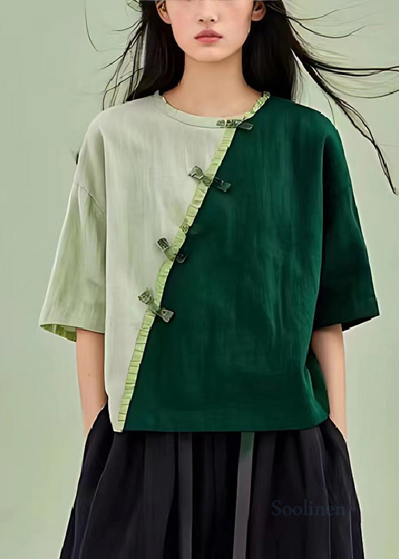 Green Patchwork Linen Blouses Chinese Button Wrinkled Summer