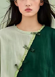 Green Patchwork Linen Blouses Chinese Button Wrinkled Summer