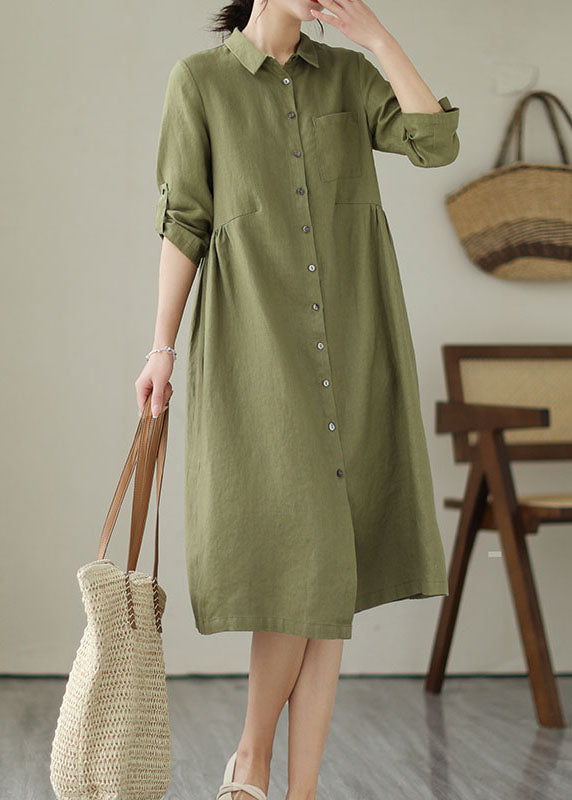 Green Patchwork Linen Dress Peter Pan Collar Wrinkled Summer