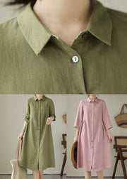 Green Patchwork Linen Dress Peter Pan Collar Wrinkled Summer