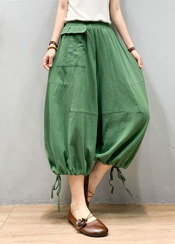 Green Patchwork Linen Lantern Pants Wrinkled Elastic Waist Summer