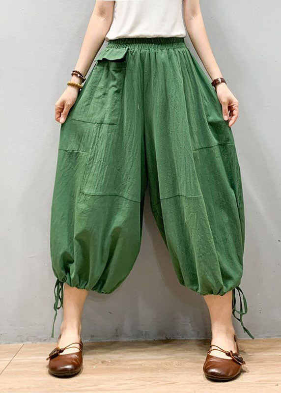 Green Patchwork Linen Lantern Pants Wrinkled Elastic Waist Summer