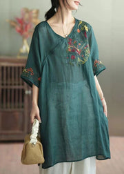 Green Patchwork Linen Mid Dress V Neck Embroideried Summer