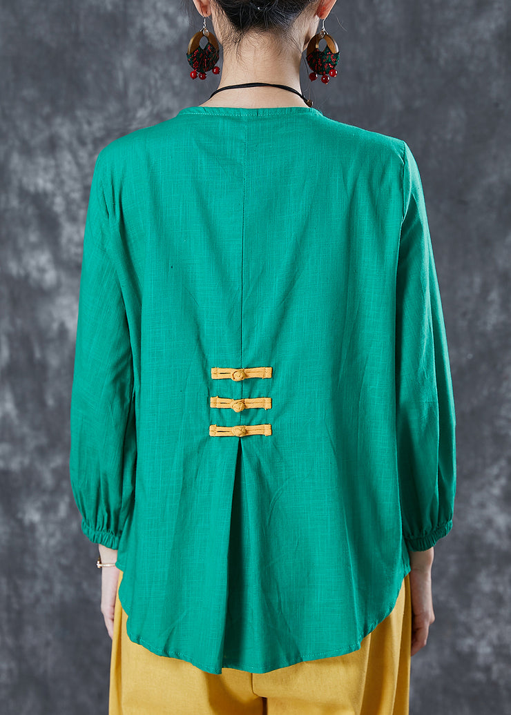 Green Patchwork Linen Oriental Shirt Pocket Summer