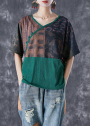 Green Patchwork Linen Shirts V Neck Print Summer