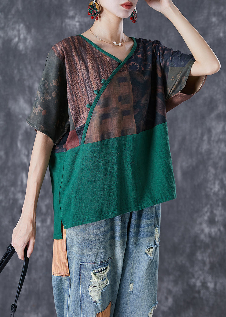 Green Patchwork Linen Shirts V Neck Print Summer