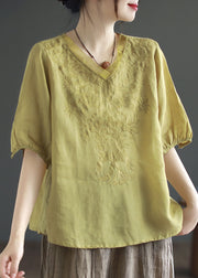 Green Patchwork Linen T Shirt Top V Neck Embroideried Summer