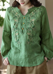 Green Patchwork Linen T Shirt Tops Embroideried Long Sleeve