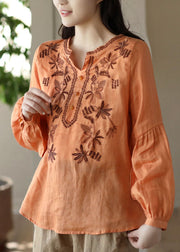 Green Patchwork Linen T Shirt Tops Embroideried Long Sleeve