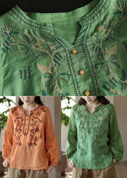 Green Patchwork Linen T Shirt Tops Embroidered Long Sleeve