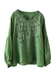 Green Patchwork Linen T Shirt Tops Embroidered Long Sleeve