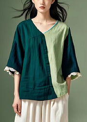 Green Patchwork Linen Tops V Neck Oversized Summer