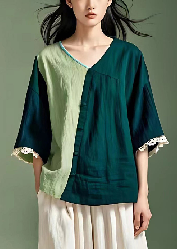 Green Patchwork Linen Tops V Neck Oversized Summer