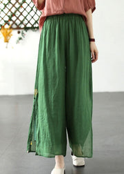 Green Patchwork Linen Wide Leg Pants Elastic Waist Side Open Summer