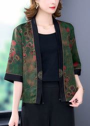 Green Patchwork Silk Cardigans Print Tassel Half Sleeve