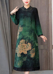 Green Patchwork Silk Chinese Style Dress Stand Collar Fall