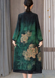 Green Patchwork Silk Chinese Style Dress Stand Collar Fall