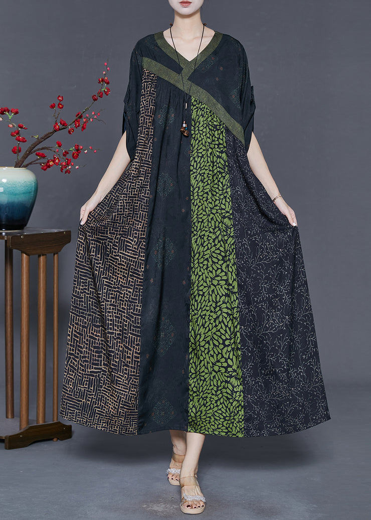 Green Patchwork Silk Holiday Dress Oversized Spring