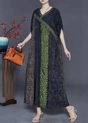 Green Patchwork Silk Holiday Dress Oversized Spring