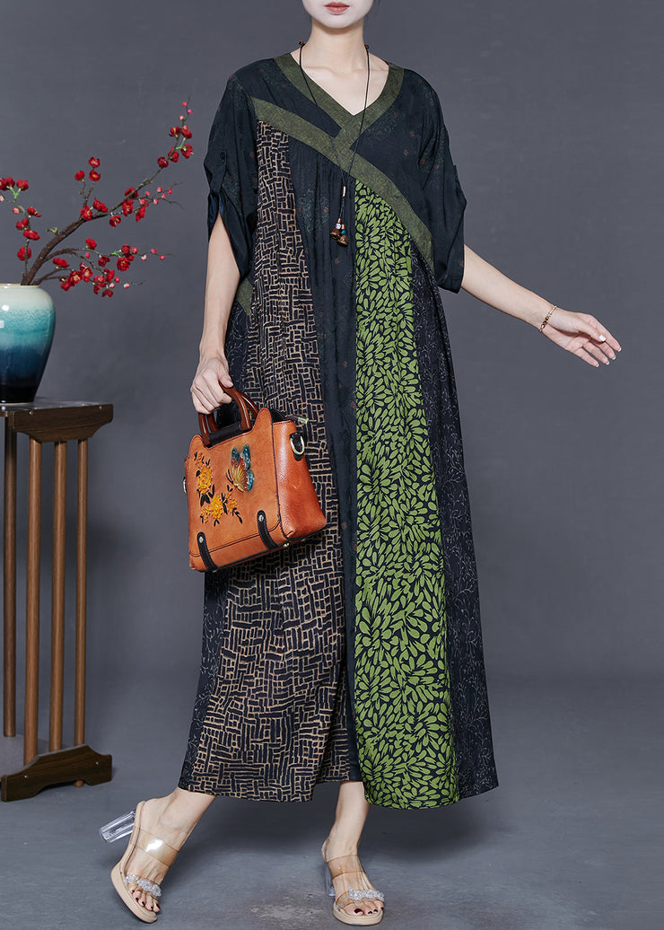 Green Patchwork Silk Holiday Dress Oversized Spring