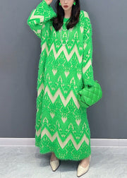 Green Patchwork Teddy Knit Sweater Dress O Neck Long Sleeve