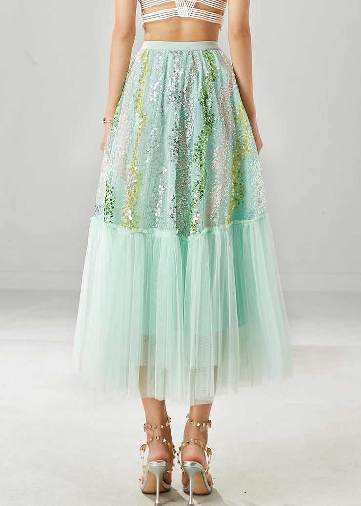 Green Patchwork Tulle A Line Skirts Sequins Spring