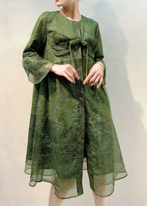 Green Patchwork Tulle Coats Embroidered Chinese Button Summer