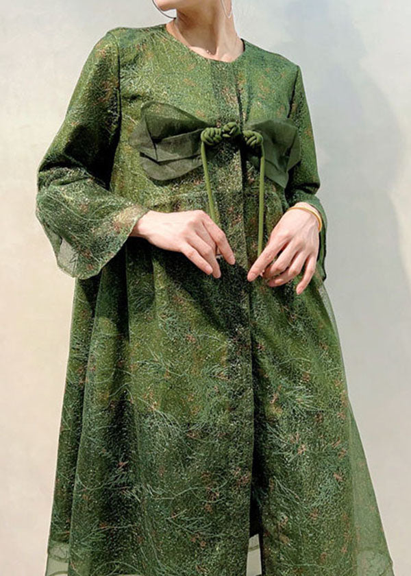 Green Patchwork Tulle Coats Embroidered Chinese Button Summer