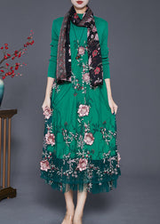 Green Patchwork Tulle Knit Dress Embroidered Fall