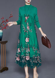 Green Patchwork Tulle Knit Dress Embroidered Fall