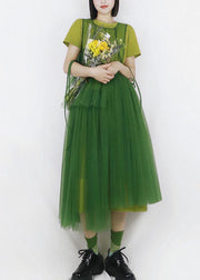 Green Patchwork Tulle Long Dress Hollow Out Solid Color Summer