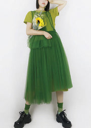 Green Patchwork Tulle Long Dress Hollow Out Solid Color Summer