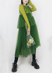 Green Patchwork Tulle Long Dress Hollow Out Solid Color Summer