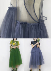 Green Patchwork Tulle Long Dress Hollow Out Solid Color Summer