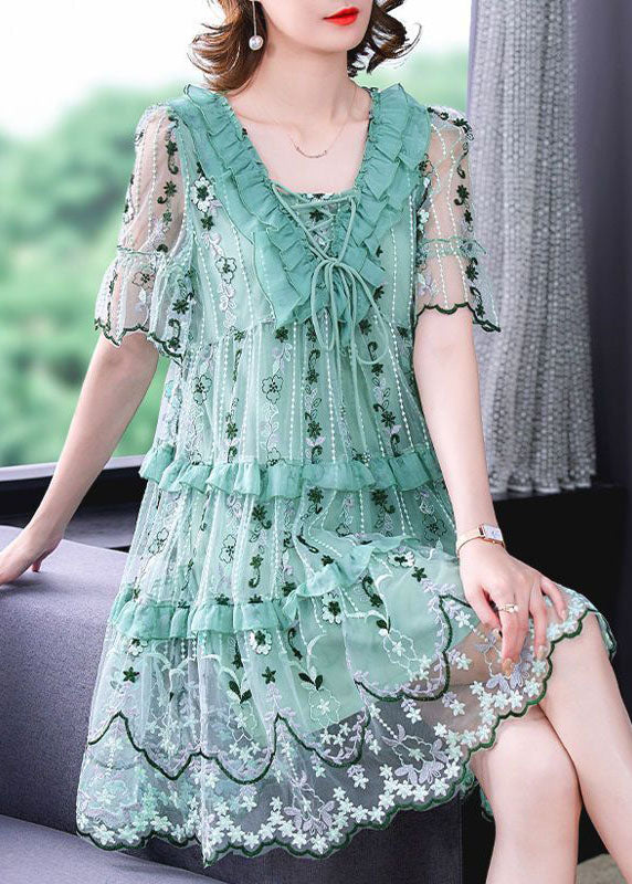 Green Patchwork Tulle Maxi Dresses V Neck Exra Large Hem Summer