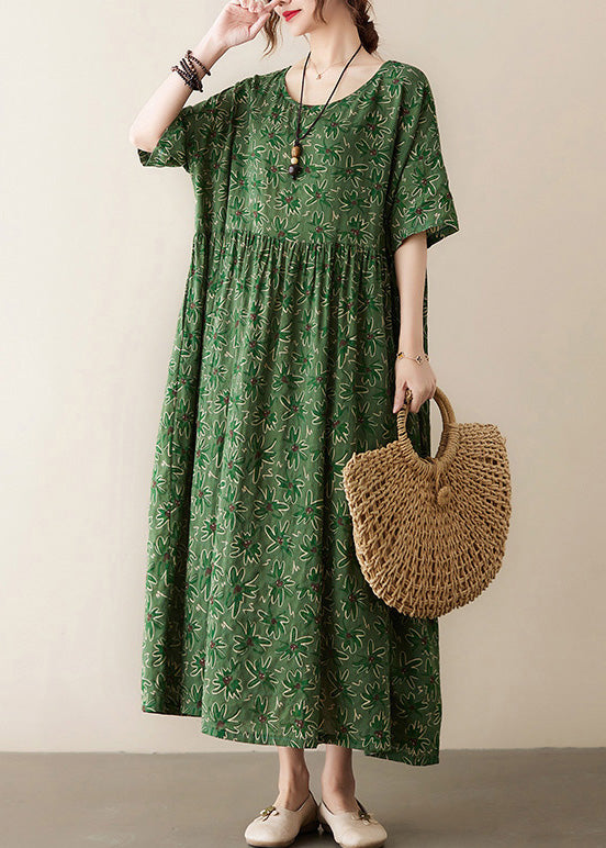 Green Patchwork Wrinkled Cotton Long Dress Summer