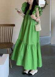 Green Patchwork Wrinkled Long Dresses Short Sleeve