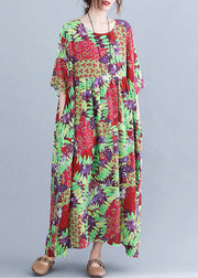 Green Patchwork Wrinkled Party Long Dress Short Sleeve